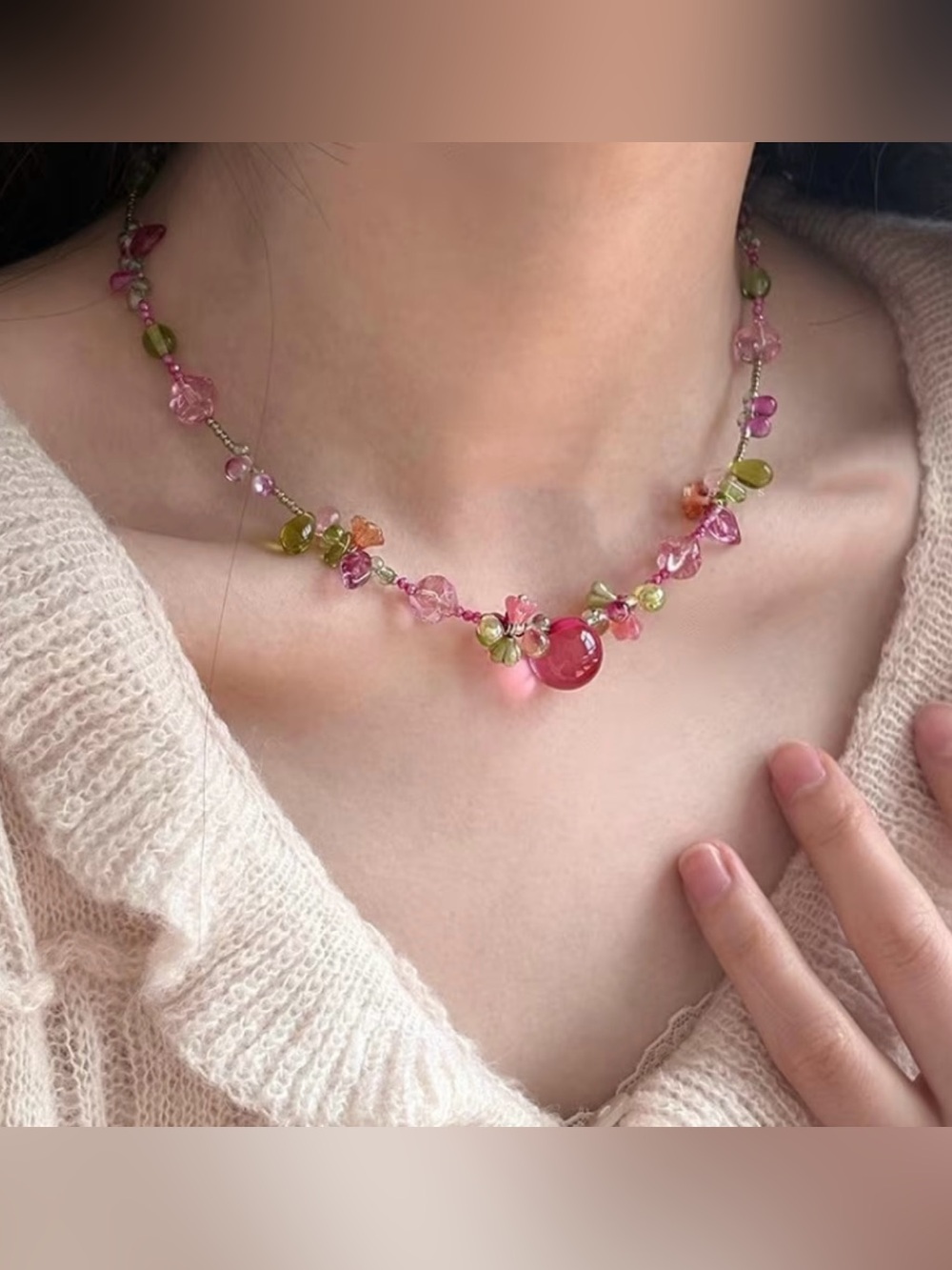 NEW! Delicate Pink, Red & Green Glass Bead Necklace. Cute Handmade Necklace.